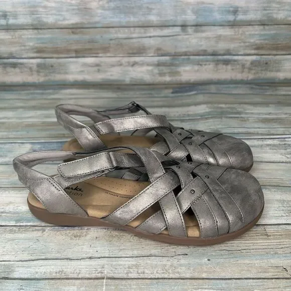 Clarks Elizabelle Sea Metallic Leather Sandal Size 9 Fisherman Earthy Boho - Picture 3 of 6